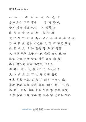 HSK1 vocabulary poster, only hanzi in Pang Zhong Hua style